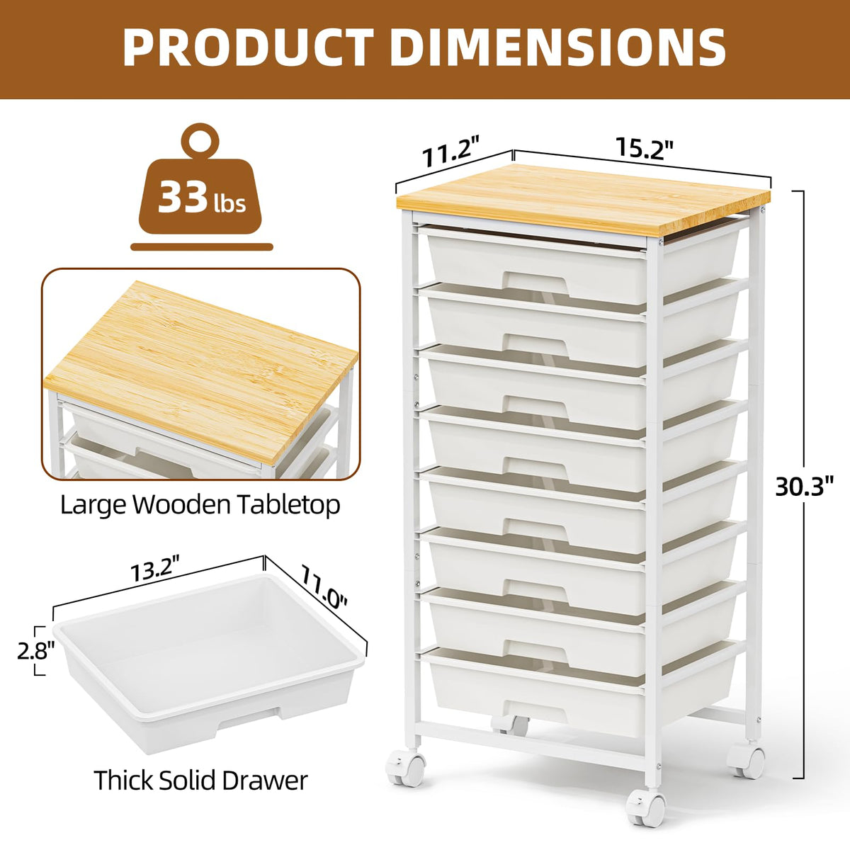 OUKMIC Rolling Storage Cart with 8 Drawers, Utility Cart with Wooden Tabletop and Lockable Wheels, Movable Craft Cart, Craft Storage Organizer for Living Room, Bedroom, Classroom, Office, White