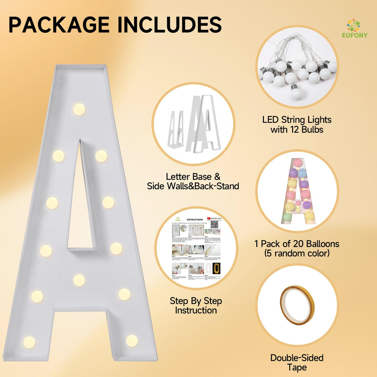 eufony Marquee Letters 4 Feet Tall, 4 FT Marquee Light Up Letters, Giant Light Up Letters 4FT for Birthday Party Baby Shower Gender Reveal Graduation Decorations, Letter A with LED Lights DIY Kit