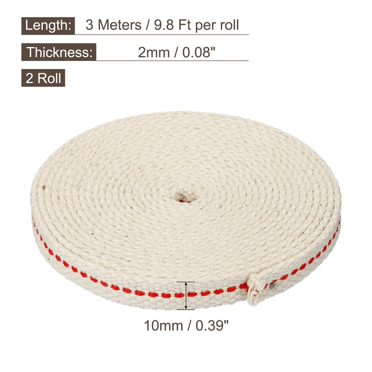 MECCANIXITY Oil Lamp Wick 0.4 Inch Flat Wide Cotton 10 Ft with Red Stitch, Model mea220517ee0485