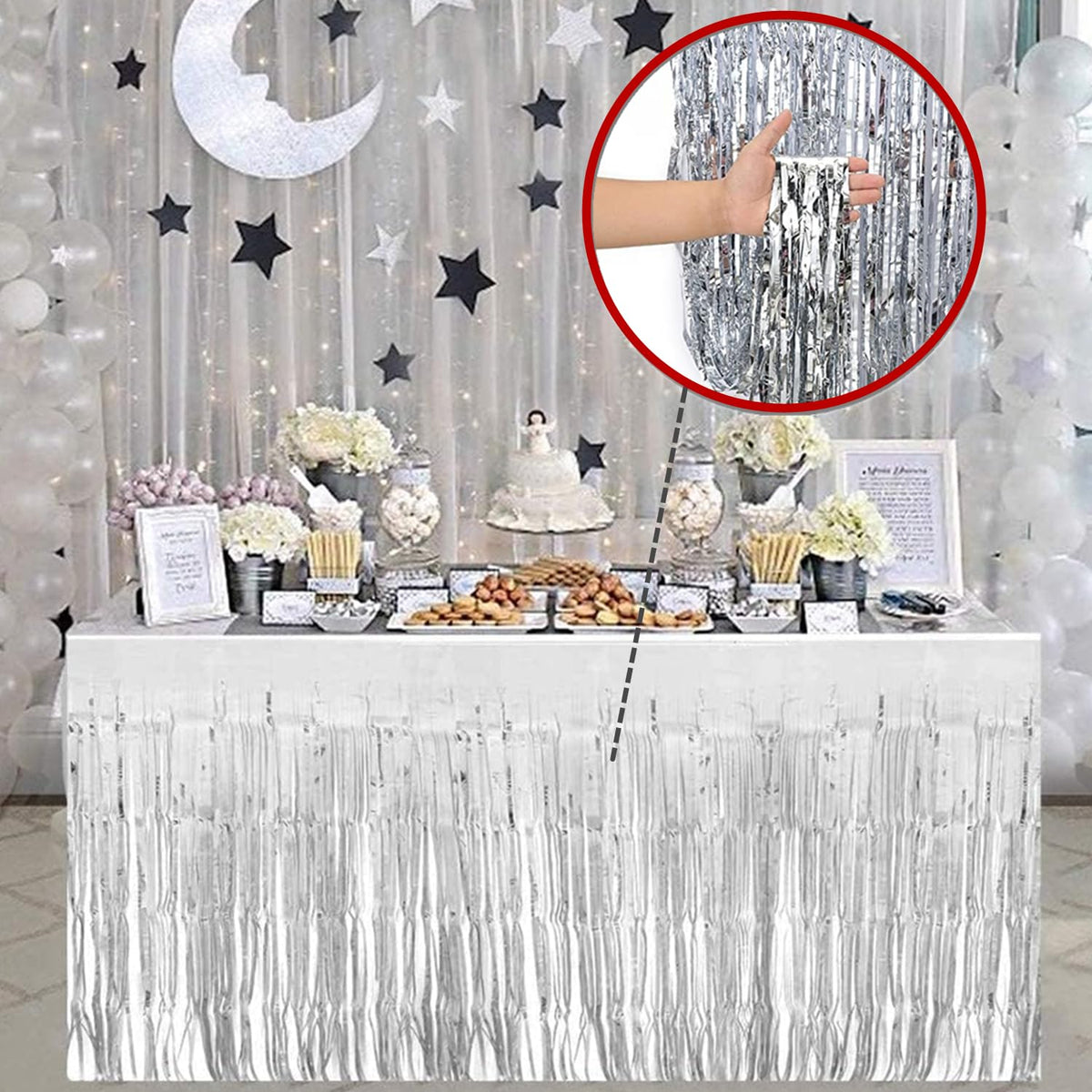 6 Pack Metallic Foil Fringe Tinsel Table Skirt, antfees 29.5''x108'' Disposable Party Table Skirt Banner for Rectangle Tables, Wedding, Birthday, Parade Floats, Party Decoration (Silver)