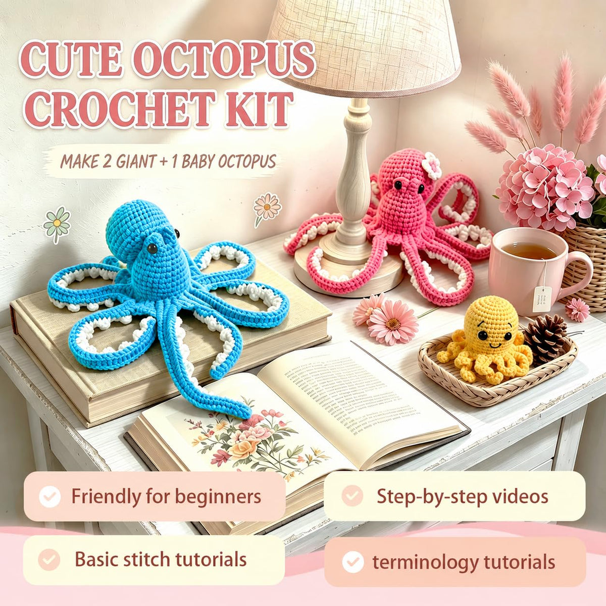MAGIMUSE Crochet Kit for Beginners, Octopus Family Amigurumi Set with Step-by-Step Video Tutorials – DIY Craft Knitting Supplies, 40% More Yarn