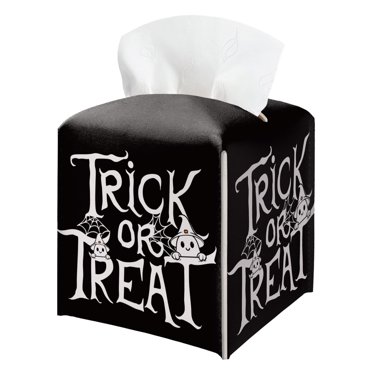 Halloween Trick Or Treat Tissue Box Holder, Black Leather Tissue Box Cover Square, Facial Paper Organizer Dispenser Toilet Paper Holder for Bathroom Kitchen Office Home Decor-A08