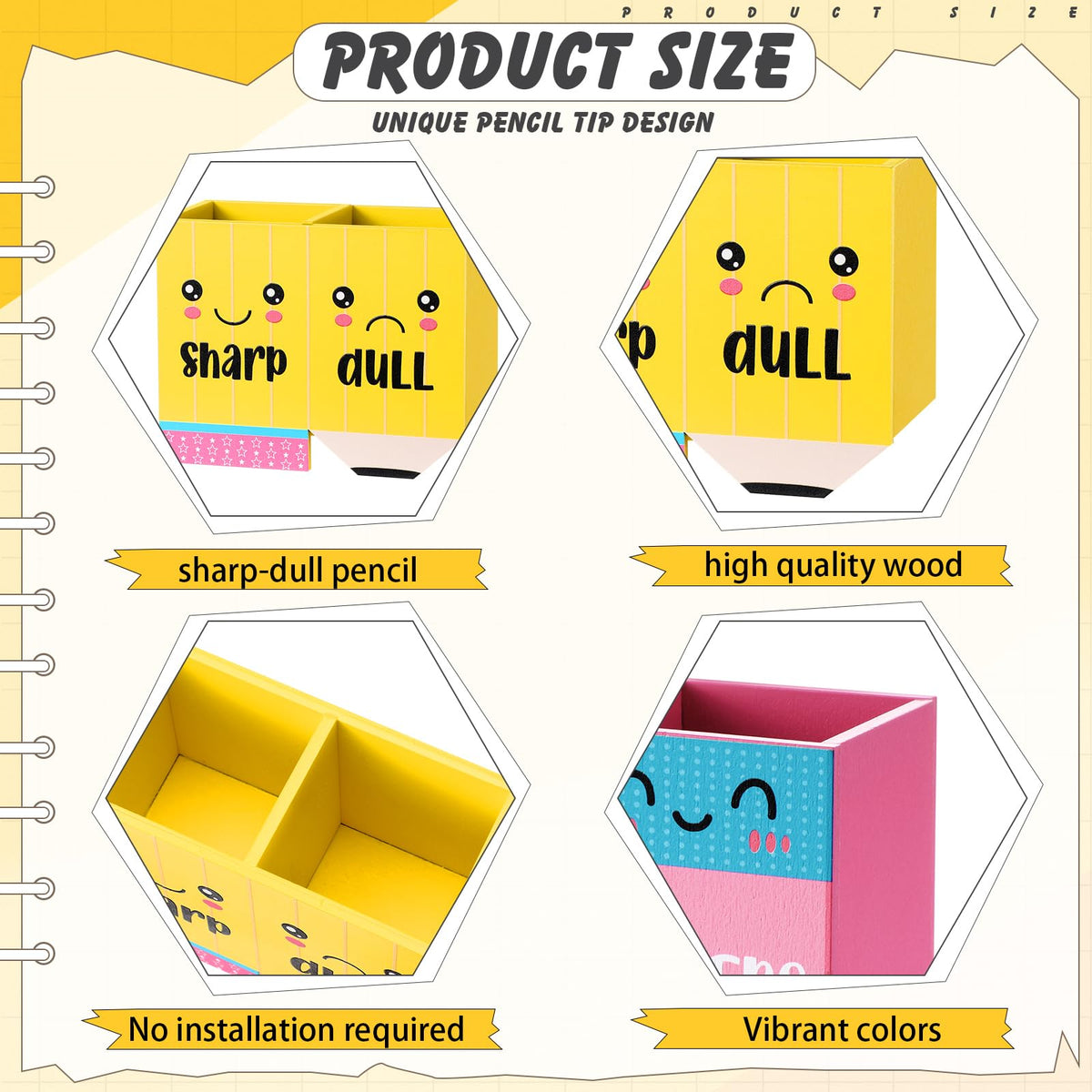 Eaasty Pencil Shaped and Sharp Dull Holder Eraser Wooden Dispenser Pencil Storage 3 Compartments for Back to School Teachers Classroom Organization (2 Pack,Stylish)