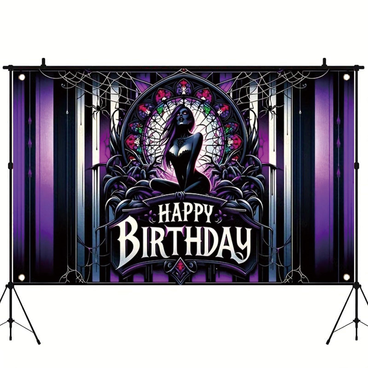 Tomhong Gothic Birthday Banner 71x43 Inch Purple Spider Web Stained Glass Halloween Theme for Gothic Party Decor Wall Hanging