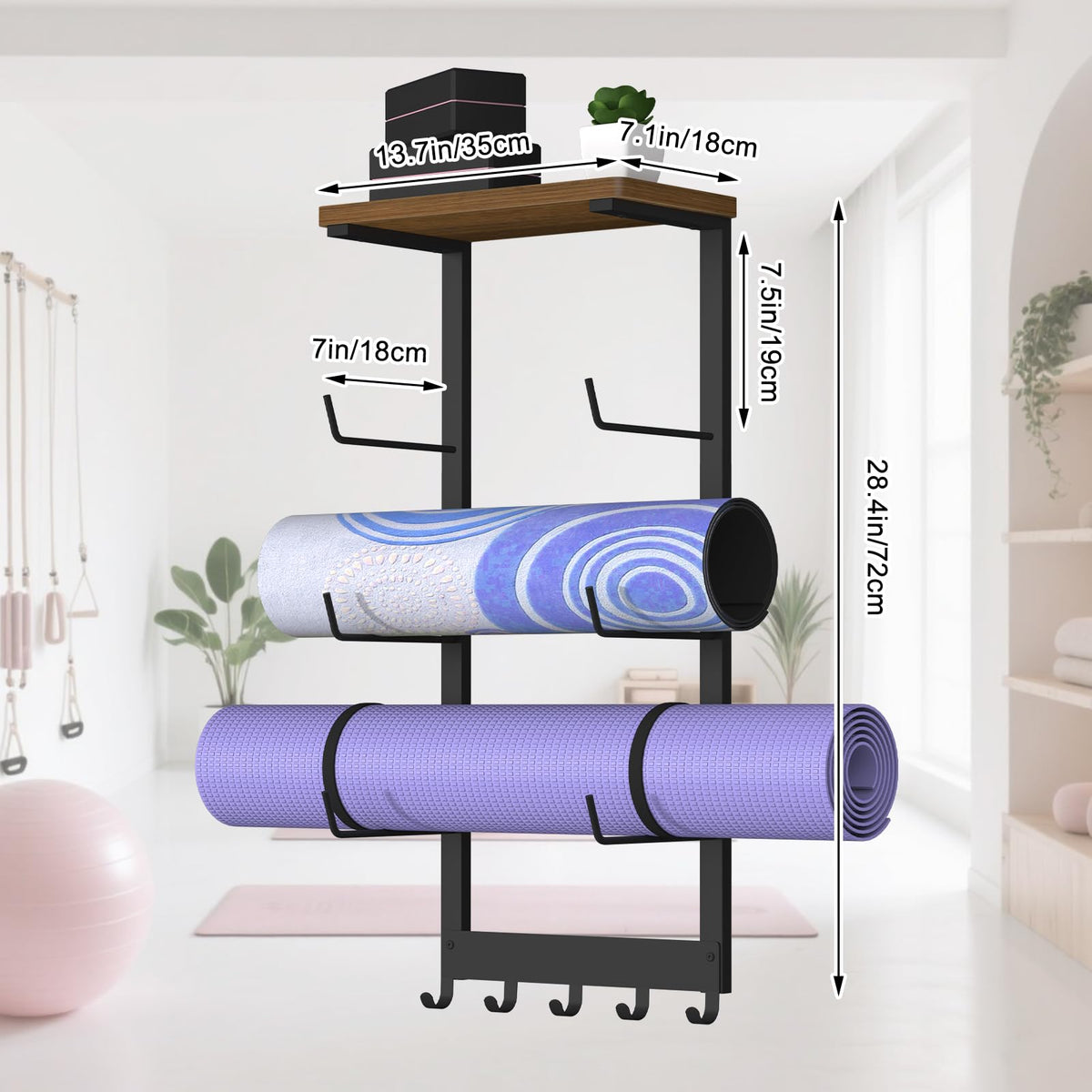 BSTSLL Yoga Mat Holder Wall Mount, Yoga Mats Storage Rack, Home Gym Wall Organizer Holder with Wood Floating Shelf and 5 Hooks, Storage Rack for Hanging Foam Roller/Band/Workout Equipment