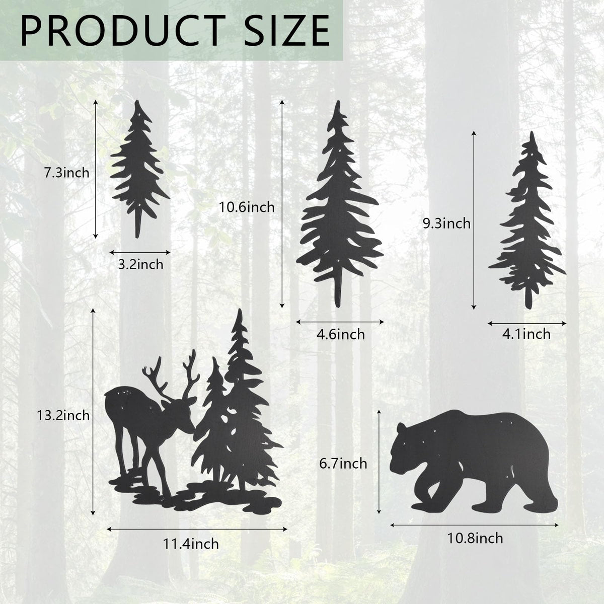 OYEFLY 5 Pieces Deer Bear Pine Tree Wall Decor,Rustic Wood Art Wall Decor (Black)