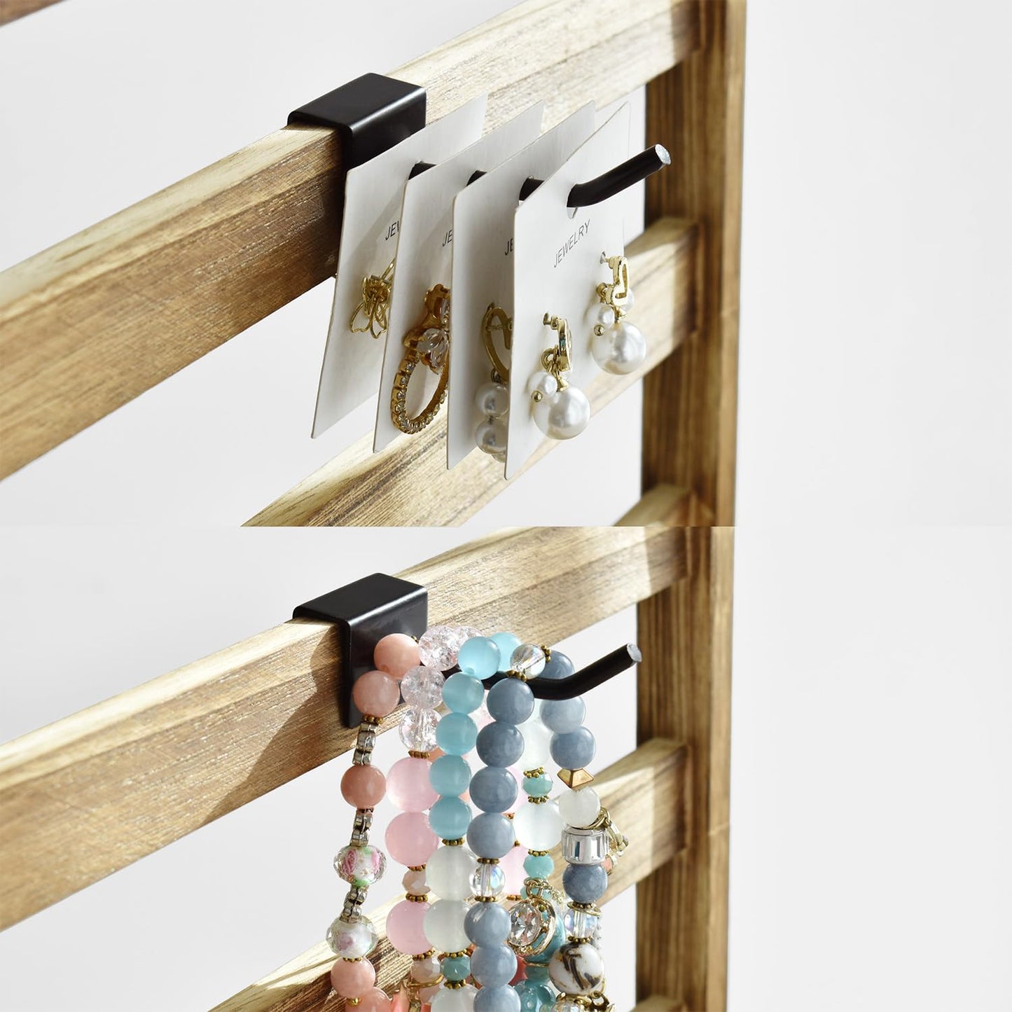 Ikee Design Wooden Jewelry Display Rack with 20 Removable Metal Hooks, Earring Card Display Holder Stand for Earring Cards, Necklaces, Bracelet, Keychain Stand, Oak Color