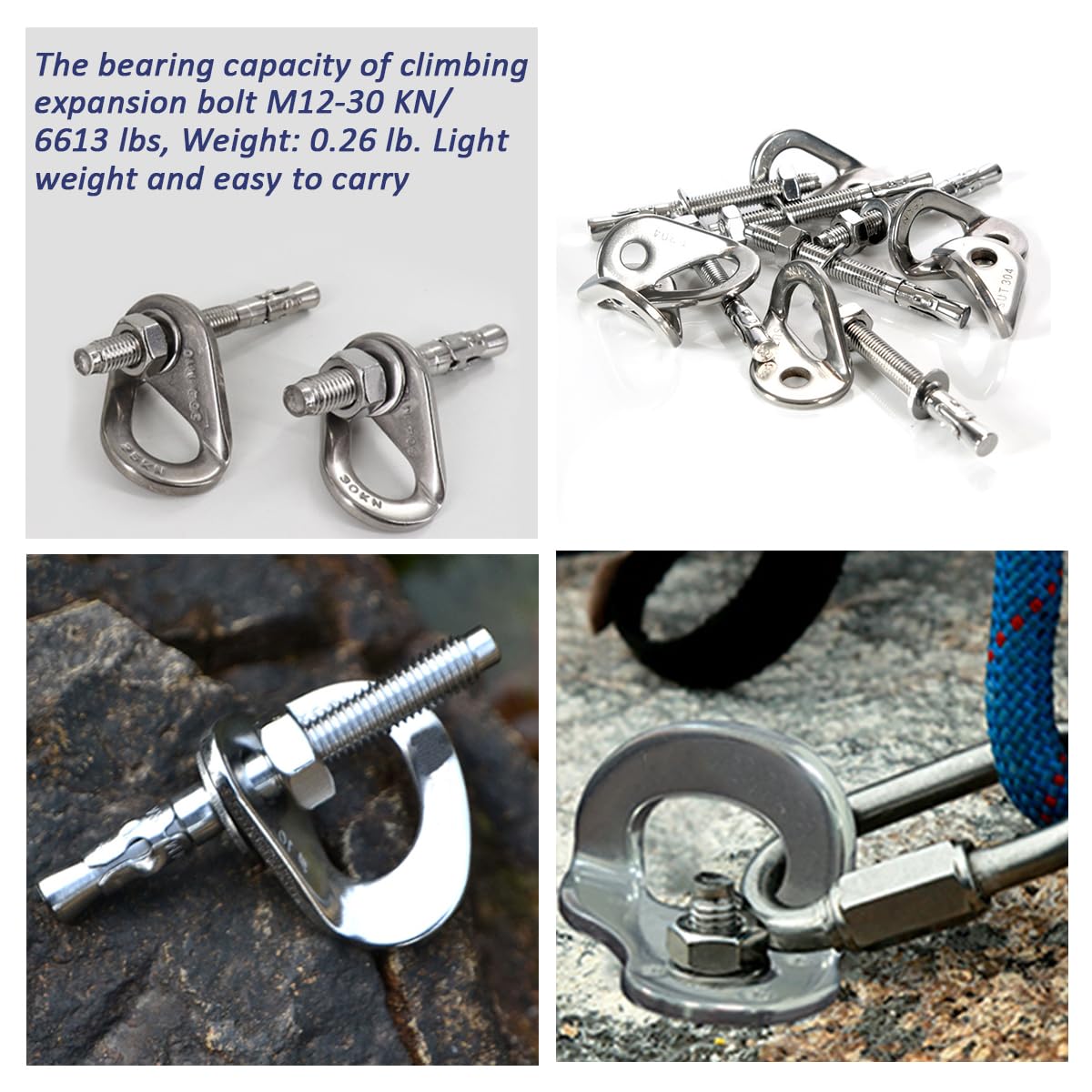 304 Stainless Steel Climbing Anchor Bolt, 30KN Rock Climbing Bolt Hanger, Climb Fastening Bolt Safe Fixed Point, 4 Set Rock Climbing Holds