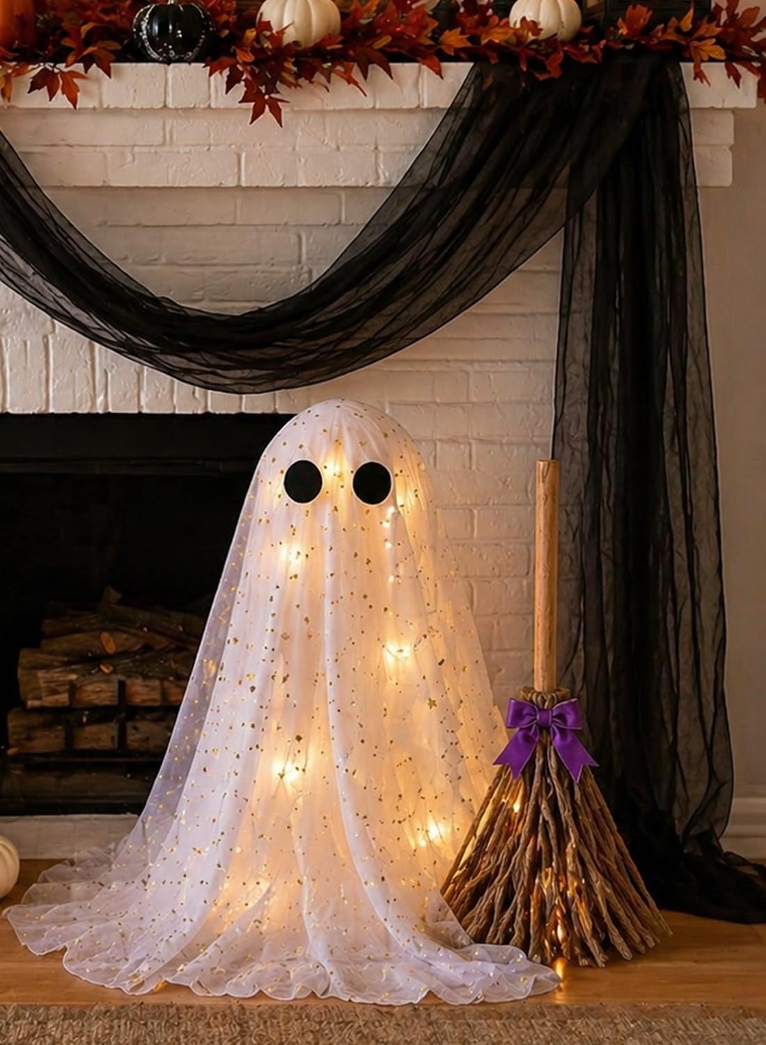 Halloween Decorations Ghost and Witch Broom Set, Lighted Halloween Fall Decor for Mantel, Shelf, Fireplace, Entryway, Tabletop Display, Cute Spooky Indoor Home Decor