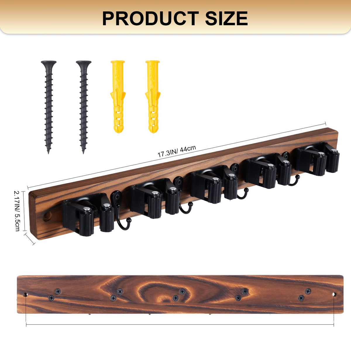 FunCee Broom Holder Wall Mount With 5 Slots & 4 Hooks，Rustic Wood Broom & Mop Hanger，Wall Mounted Garden & Garage Tool Storage Organizer Rack for Closet Laundry Room or Kitchen Wall Decor