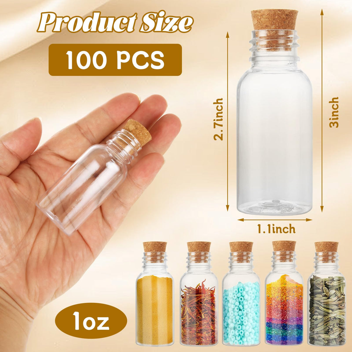 YAYODS 100 Pack 30ml Plastic Potion Bottles with Cork, Mini Sand Art Bottles with 20 pcs Mini Funnels, Spell Jars for DIY Craft, Essential Oil, Message, Party Favor