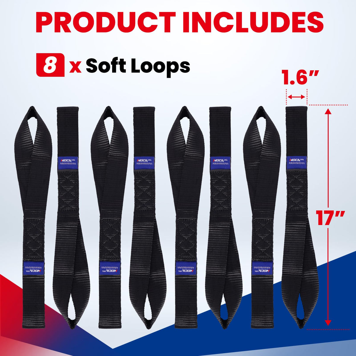 MOCA 8-Pack Soft Loop Tie Down Straps 12000 Lbs Breaking Strength 1.6 x 17 inches, Heavy Duty Tie Down Loops for Secure Trailering of Kayak, Motorcycles, ATV, UTV (8 Pieces, Black)