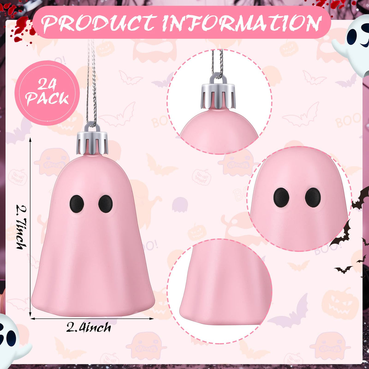 Tigeen 24 Pcs Halloween Hanging Ornaments Cute Ghost Decoration Halloween Tree Decoration Plastic Decorative Mini Ghost Ornaments for Home Tree Party Supplies (Cute,Pink)