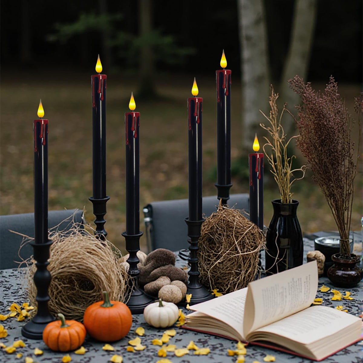ODTRAM Flameless Taper Candles with 3D Flickering Effect Blood Dripping & 10-Key Remote，Taper Candles Battery Operated for Halloween Spooky Horror Home Decoration - Set of 6 Black(0.8" x 10")