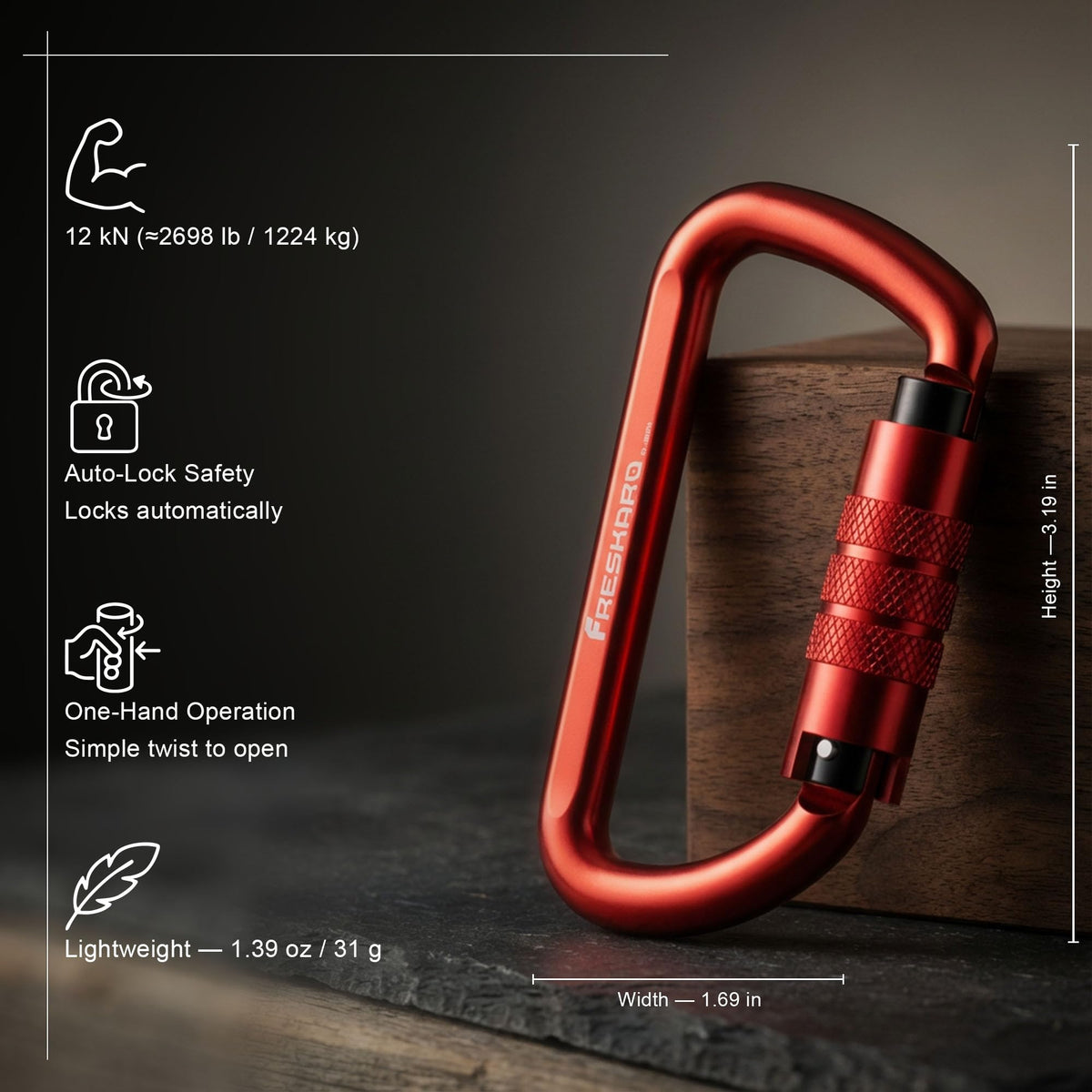FresKaro 3inch Auto Locking Carabiner Clips, Solid D Shape Style, Heavy Duty Keychain Aluminum Carabiner - Holds a Maximum of 2698lbs, Lightweight 1.09oz, for Hammock, Hiking, Dog Leash, 3pack, Red
