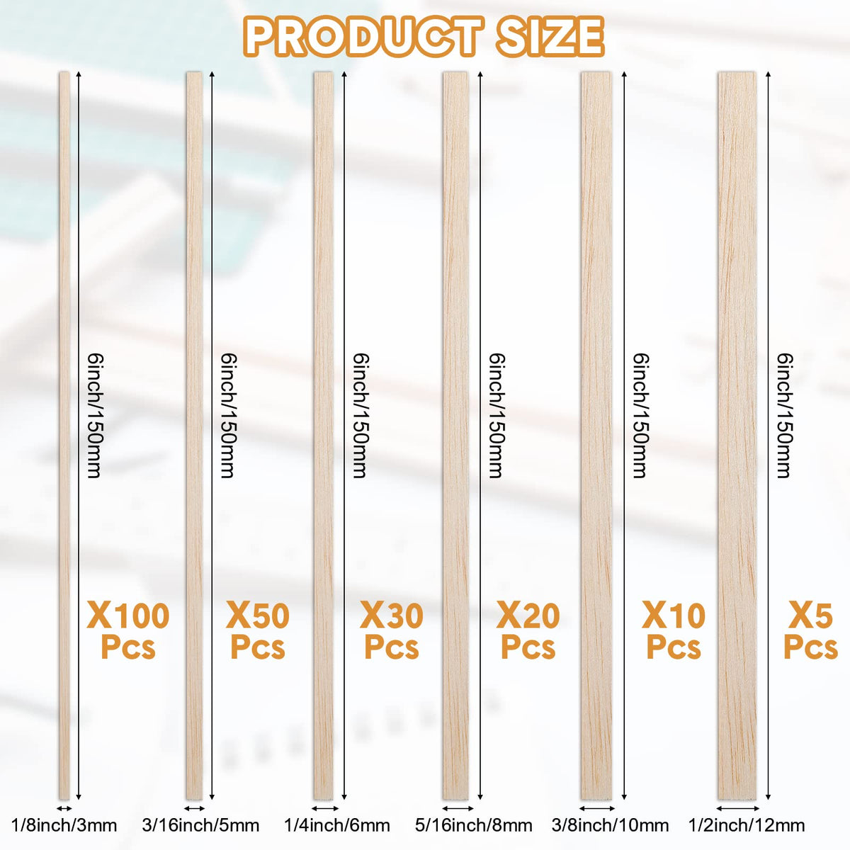 Yulejo 215 Pieces Balsa Wood Sticks Wooden Dowel Rods Square Hardwood Unfinished Wooden Strips for DIY Molding Crafts Projects Making(1/8, 3/16, 1/4, 5/16, 3/8, 1/2 Inch)