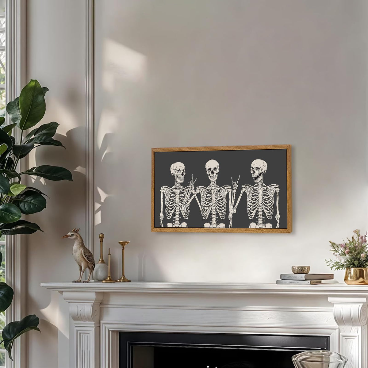 Aroutde Framed Gothic Skull Skeleton Canvas Wall Decor Funny Skull Victory Hippie Posing Print Hallpween Wall Art Small Spooky Painting Artwork for Home Bedroom Living Room Decorations 18''x10''