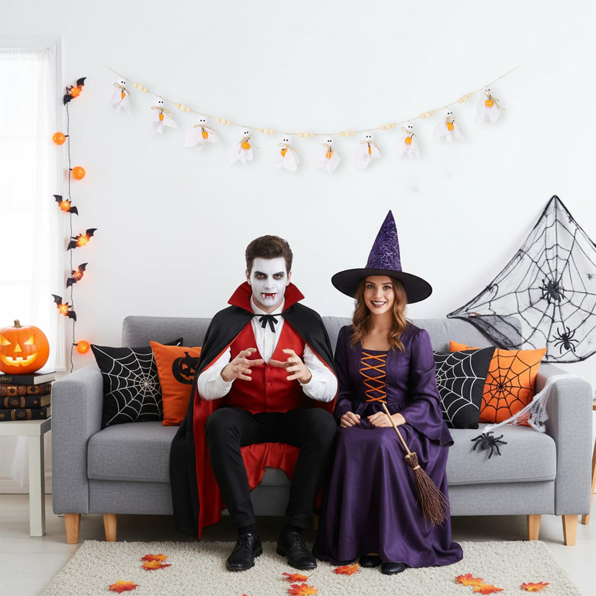 Cute Halloween Ghost with Wooden Beads Garlands, Handmade Rustic Halloween Banner for Wall Home Indoor Outdoor Spring Decor Supplies (Pumpkin)