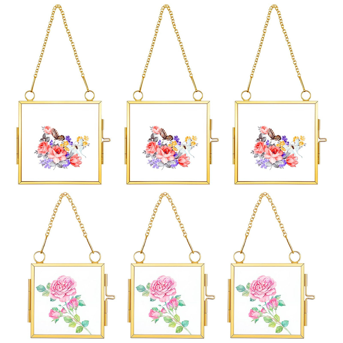 6 Pcs Mini Double Glass Pressed Flower Photo Frame Craft with Chain, 2.36" and 3.14" Small Square Glass Flower Frame for Christmas Handicraft Home Decor Gallery Artwork