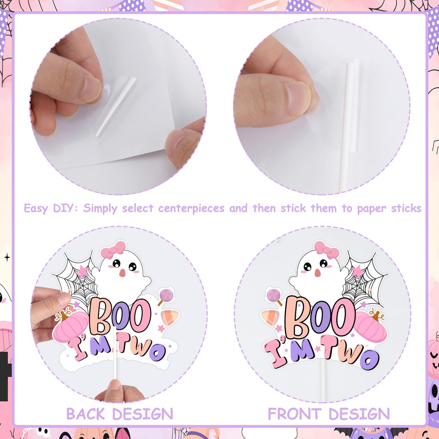 Fangleland 24PCS Halloween 2nd Birthday Centerpiece Sticks, Pink Purple Boo I'm Two Table Toppers Cute Ghost Pumpkin Photo Booth Props, Two Spooky 2 Year Old Party Supplies for Girls