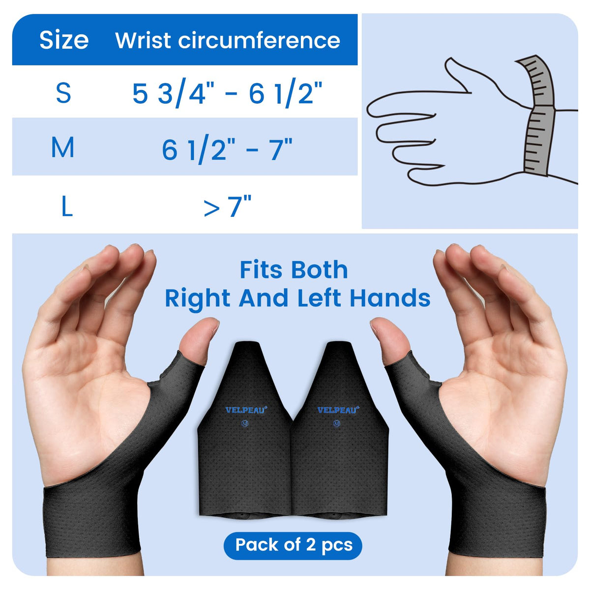 VELPEAU Thumb and Wrist Compression Sleeve for Tendonitis (Pack of 2), Seamless Technology, Gloves Wraps for Arthritis Pain Relief for Women & Men, Splint Liner, Fits Both Hands (Black, Long Version, S)