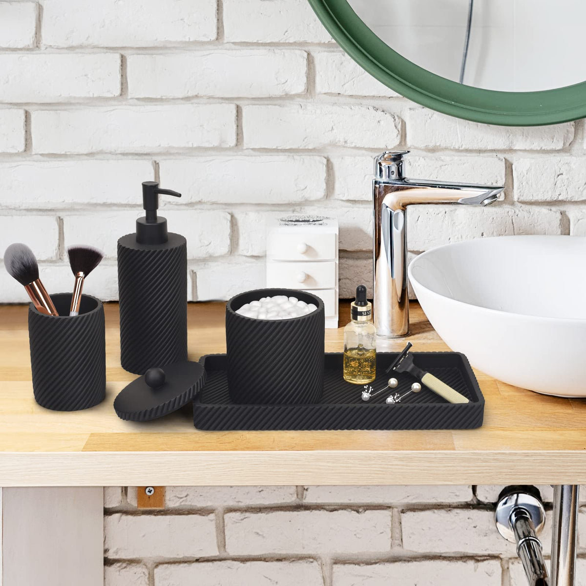 Black Bathroom Accessories Set 4 Pcs - Toothbrush Holder,Lotion Soap Dispenser,Qtip Holder Dispenser,Vanity Tray for Countertop Vanity Organizer,Bathroom Accessory Set