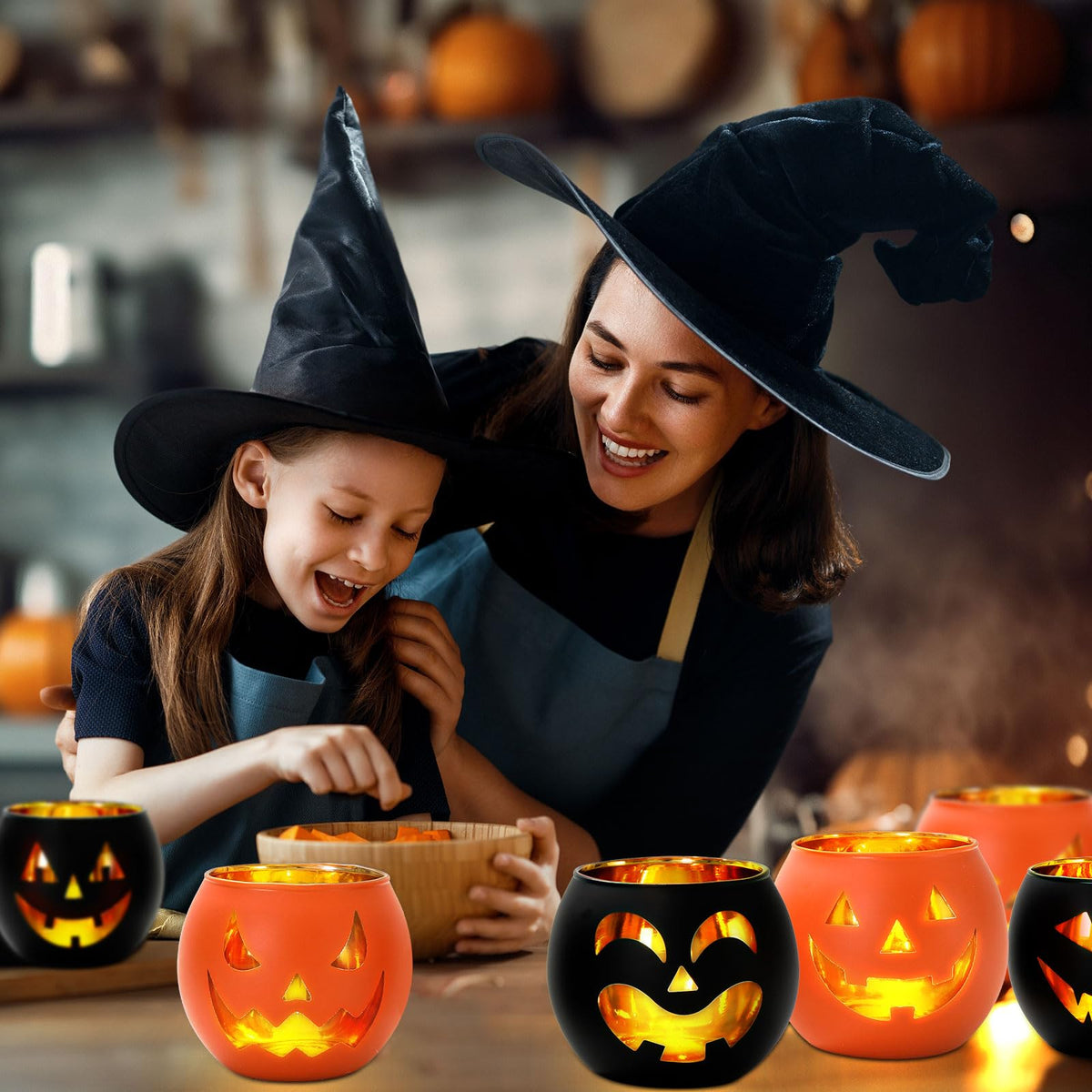 Whaline 6Pcs Halloween Candle Holder Black Orange Pumpkin Face Candlestick Glass Holder for Home Party Table Centerpiece Decor Supplies