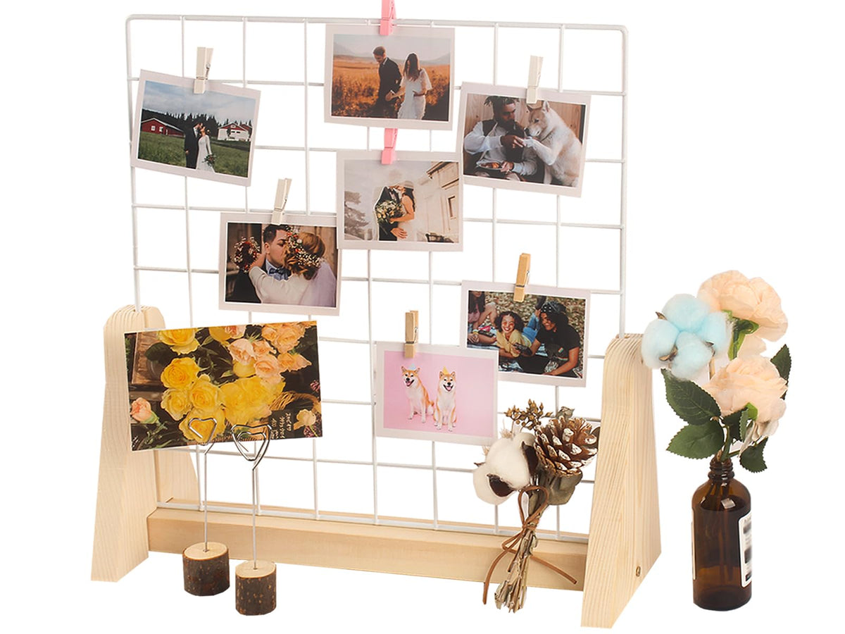 WANMEIZI 15.7”X15.7” Grid Wall Countertop Display Stand Metal Grid Wall Stand with Mini T-Base Portable Tabletop Display Unit with 20 Small Clips for Shows Retail Crafts Artistic Drawings Photos
