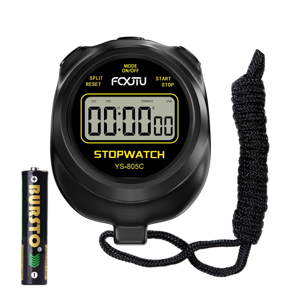 FCXJTU Simple Stopwatch Timer, Single Lap Stopwatch Countdown Timer, No Hourly Beep, On/Off, AAA Battery(Included), Large Display, Easy to Use, Ideal for Kids Coaches Black