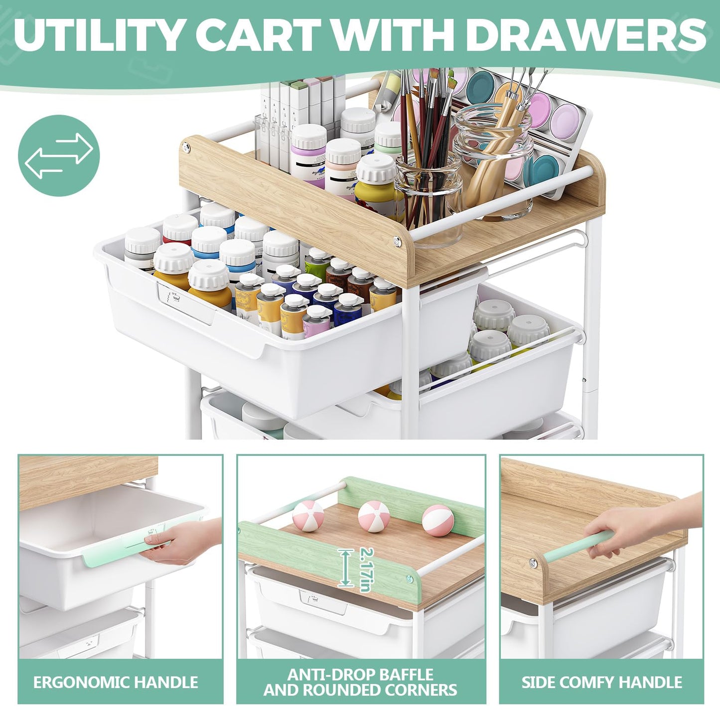 APEXCHASER Utility Cart with 4 Drawers,Rolling Storage Cart for Crafters Artists Kids Teacher Student Storage Arts Crafts & Sewing Study Supplies in Craft Room Dorm Classroom Kids Room-White