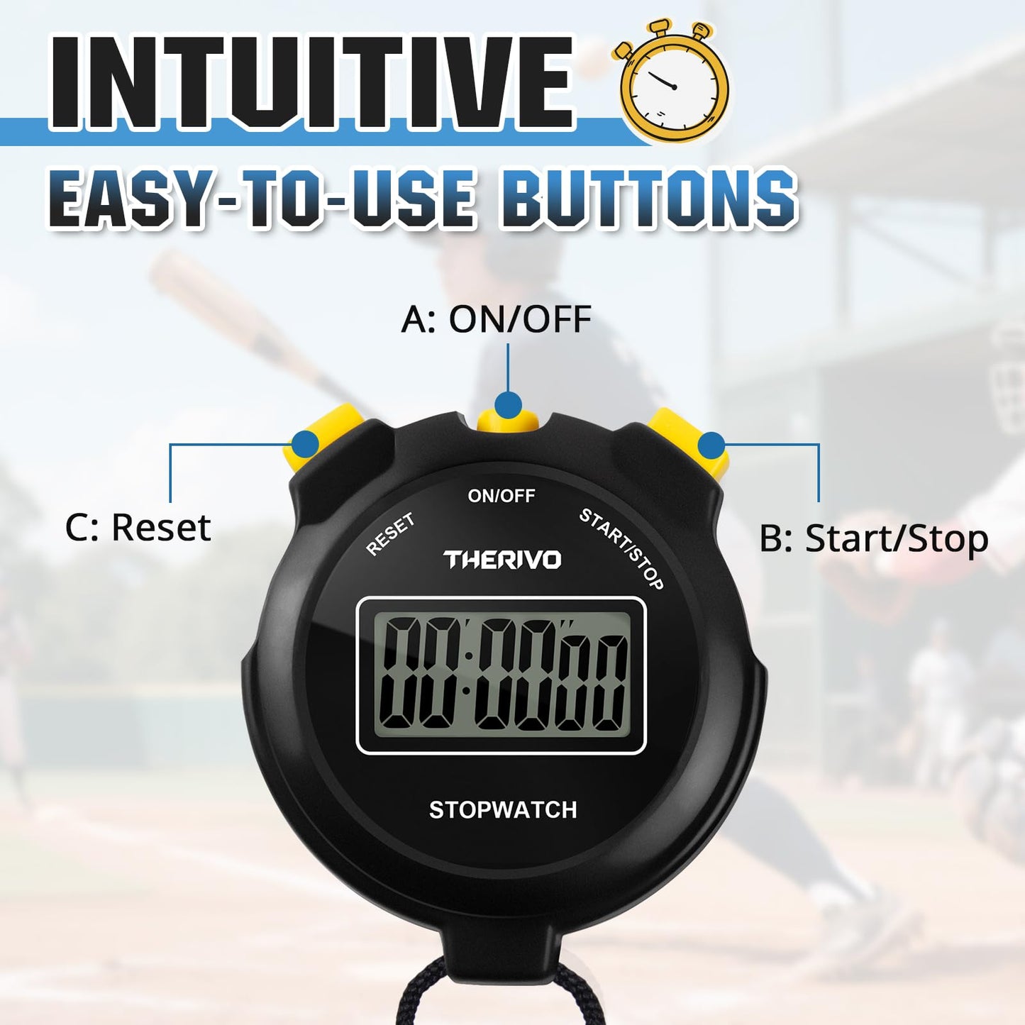 Therivo 2 Pack Digital Simple Silent Stopwatch Timer: Basic Stopwatch Only (No Laps), Easy to Use, Read, and Carry with Intuitive Buttons — On/Off, Large Display, Ideal for Kids, Sports, Coaches
