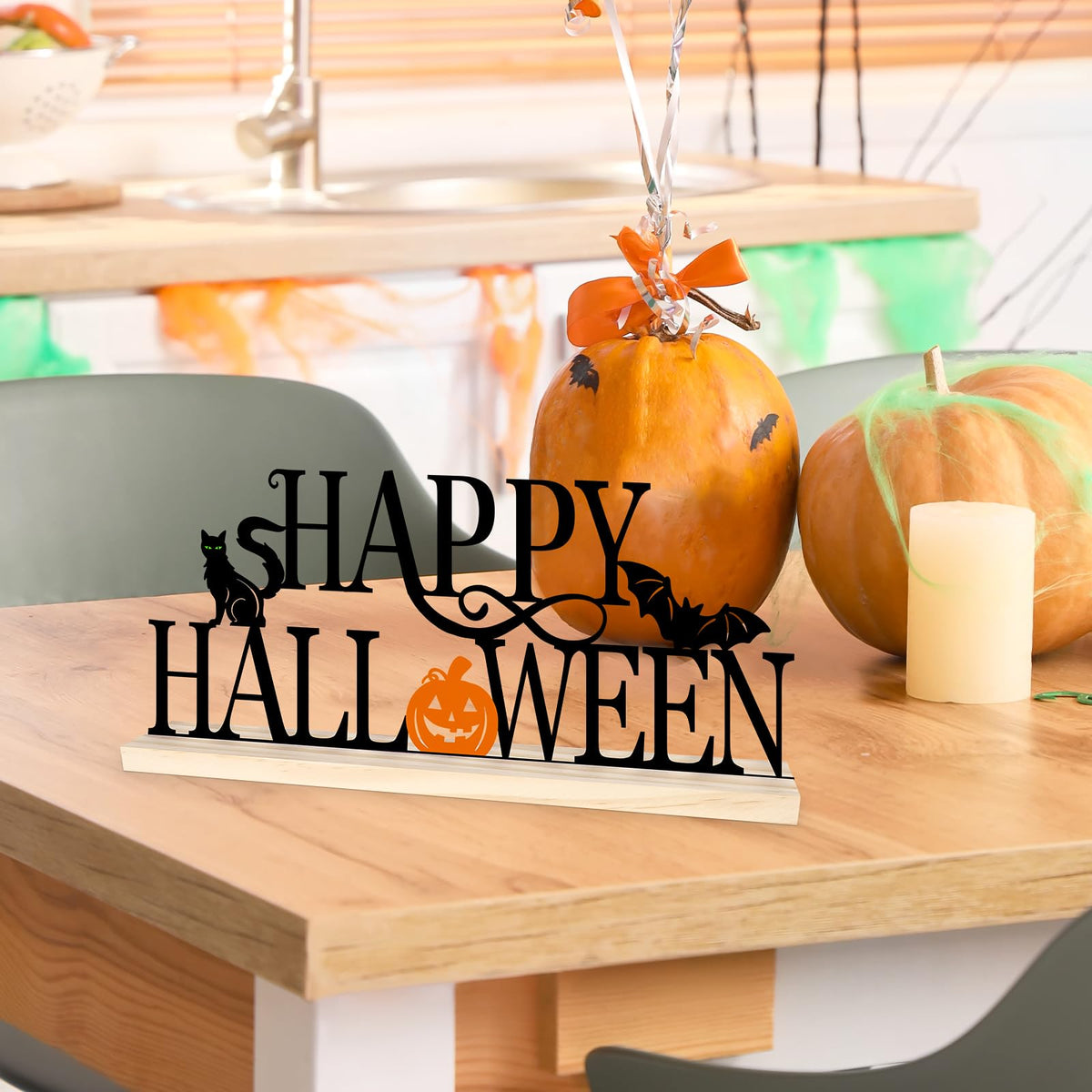 COCHIE Metal Happy Halloween Sign, Black Halloween Decorations for Home, Office, Shelf, Mantel, Indoor, Jack-o-lantern Decoration, Spooky Cat Bat Decor (Halloween)