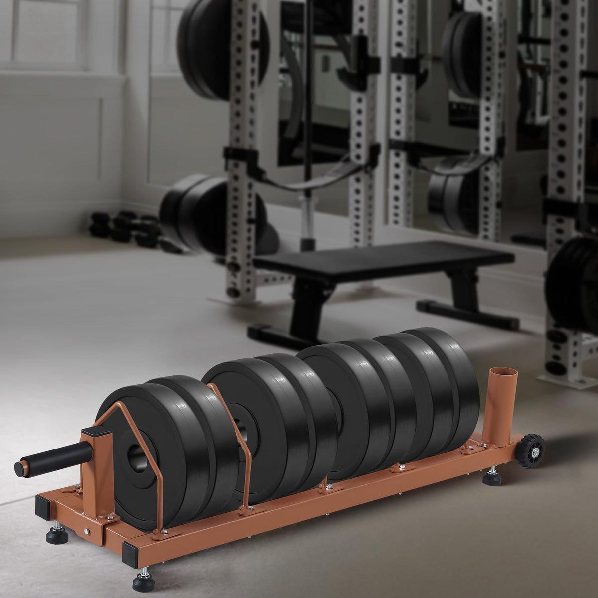 Olympic Barbell Plate Organizer with Steel Frame for home or gym,Horizontal Plate with Handle and Wheels, 300LBS Capacity, Brown