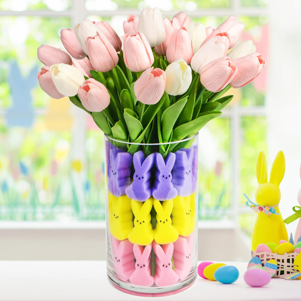 letesult Easter Bunny Vase Filler Decorations, 16 PCS Tulips Artificial Flowers & 45 PCS Bunnies Vase Filler Kit, Easter Spring Rabbit Flowers Vase Filler for Table Centerpiece Spring Home Decoration