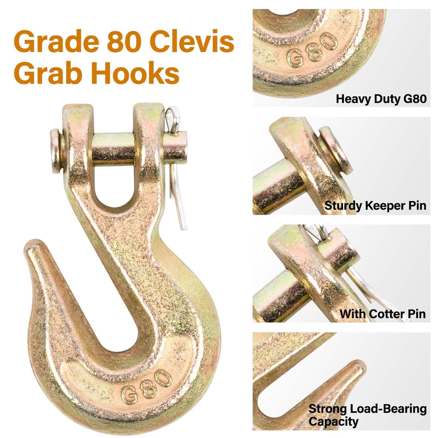 Lechansen 1/4" G80 Grab Hook, 10 Pack 1/4" Grade 80 Clevis Grab Hook Heavy Duty, G80 Tow Hook 1/4inch Chain Hook for Transport Chain, Trailer Safety Chain, Load Binder, 3,300 Lbs Working Load Limit