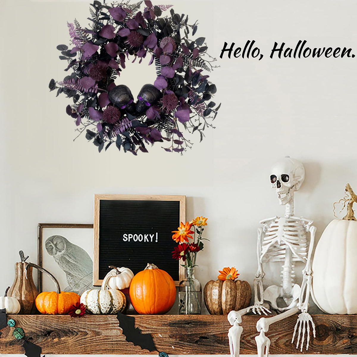 BINFEN 20" Halloween Wreaths for Front Door, Black Glitter Skulls Purple Eucalyptus Leaves Halloween Horror Decor, Gothic Party Room Decoration
