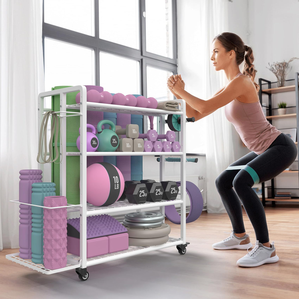 4-Tier Dumbbell Rack Stand Only, 600LB Capacity Adjustable Weight Rack for Dumbbells Kettlebells Yoga Mat, Home Gym Storage Rack with Wheels and Hooks, Powder Coated Finish (Large White)