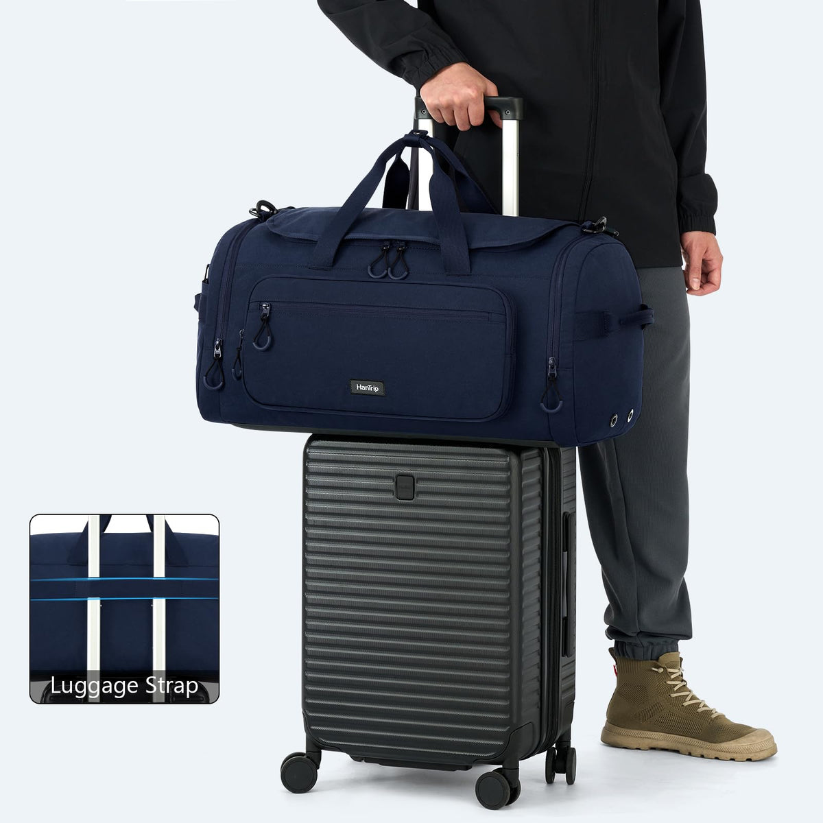 HanTrip Large Travel Duffle Gym Bag with Shoe Compartment, Underseat Carry On Luggage Overnight Weekender Personal Item Workout Bags for Women Men (Navy Blue)