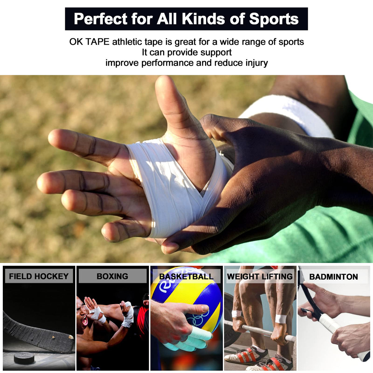 OK TAPE Athletic Sports Tape（4 Packs) - 45ft Per Roll Very Strong Tape for Athlete & Sport Trainers & First Aid Injury Wrap, Perfect for Fingers Ankles Wrist on Bat, Hockey Stick - Black