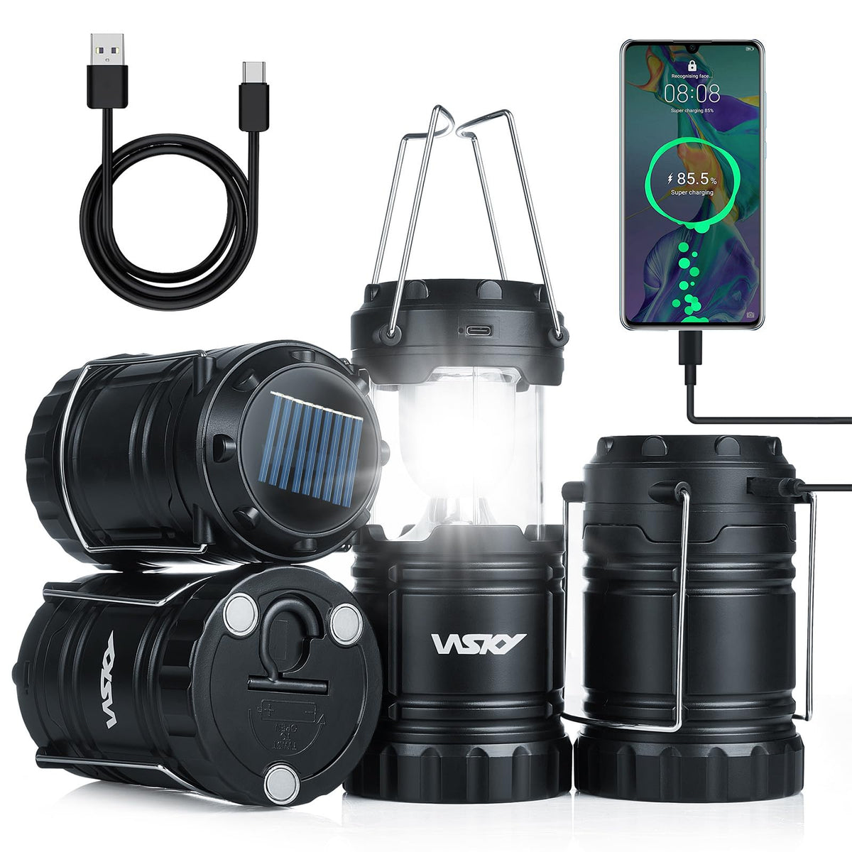 Wsky Solar Camping Lantern 4-Pack - Rechargeable LED Lights, Magnetic Base & Foldable Hanging Hook- Collapsible Lamp Battery Powered Perfect for Power Outages, Hiking, Campsites, Emergencies