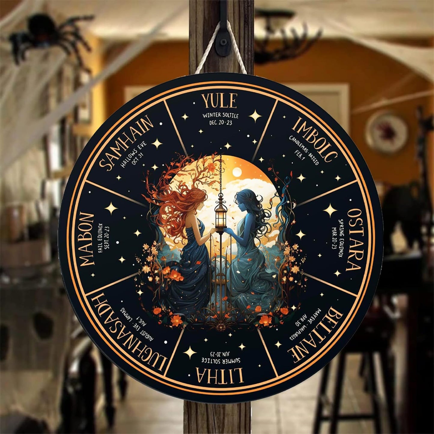 RIVEENY Wheel Of The Year Wall Hanging，12"Witchcraft Knowledge Sign Moon Decor Halloween Witch Decor Kitchen Witchery Sign Wizards Sign Celestial Decor Moon Phases Meanings Plaque (GJ036)
