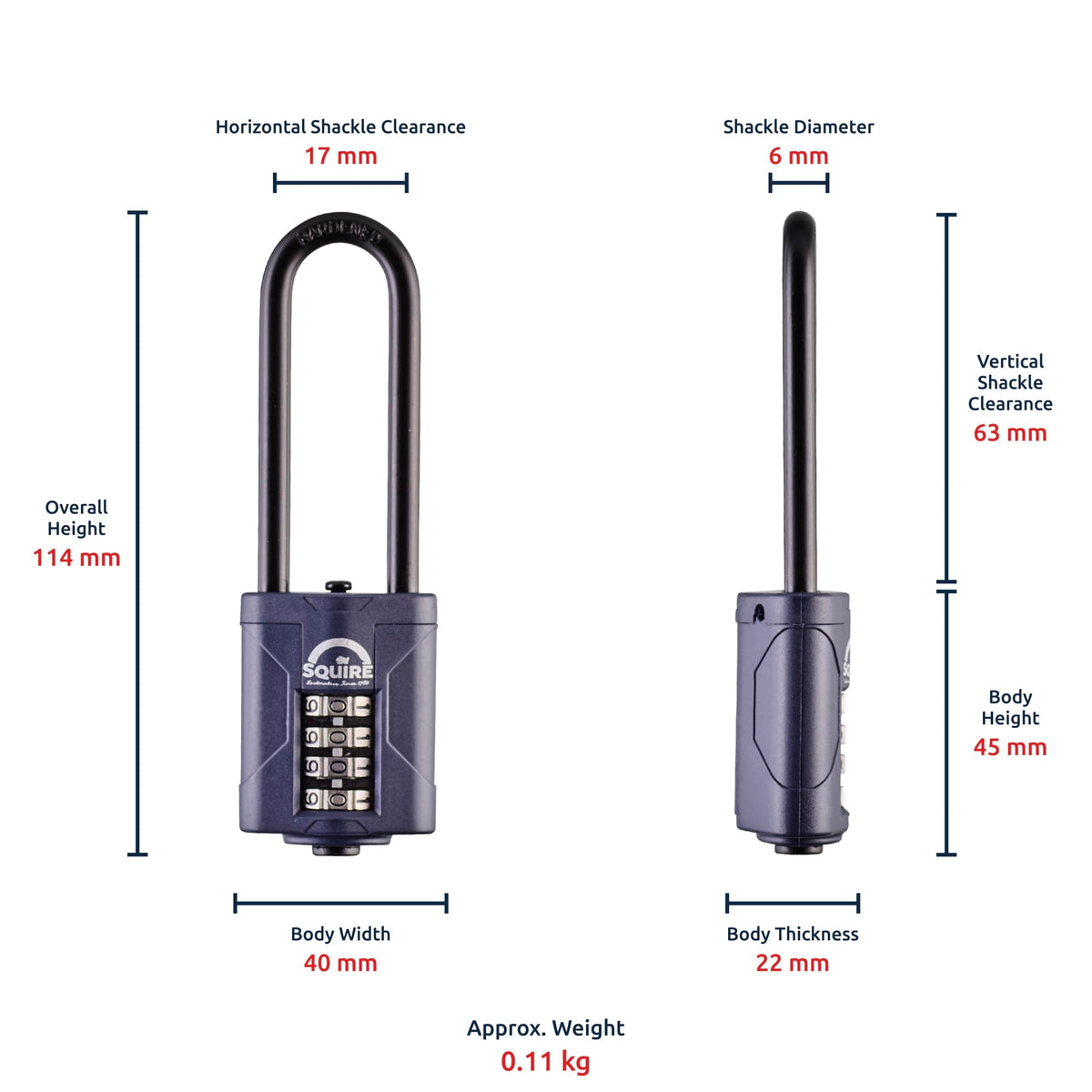 Squire Heavy Duty Padlock (CP40/2.5) - Toughest Extra Long Shackle - 4 Wheel Combination Padlock - Alloy Steel for Corrosion Resistance - Weatherproof Lock for Home, School & Shed (Blue, 40 mm)