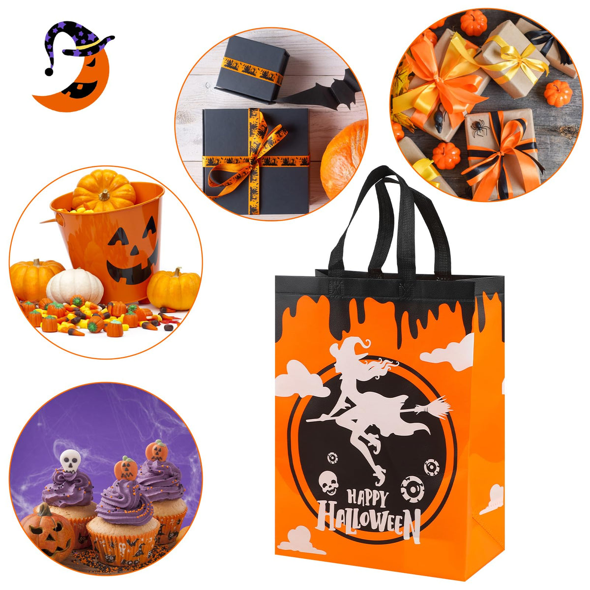 CCINEE 12PCS Halloween Non-Woven Bags with Handle，Large Size Reusable Halloween Trick or Treat Tote Bags for Party Favors Supplies，15.7"×11.8"×5.9"