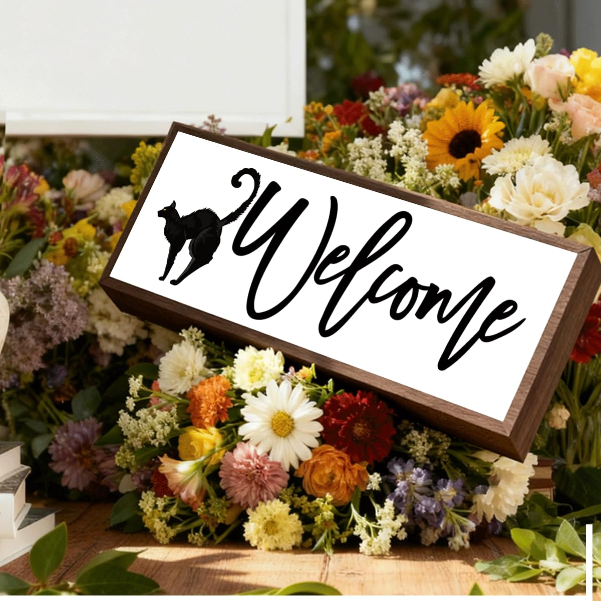 Welcome Wood Home Decor Signs, Welcome Black Cat Wood Plaque, Home Tabletop Desk Decorative Sign, Halloween Sign, Hanging Decorative Wooden Plaque 9.5x3.1 Inches(A29)