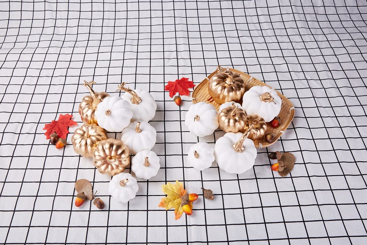 Artmag 16 Pcs Assorted Fall Artificial Pumpkins Harvest White Faux Pumpkins and Gold Plating Pumpkins for Halloween Fall Thanksgiving Decorating Displaying