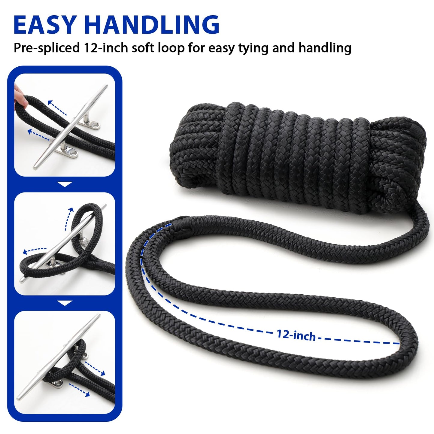Boat Dock Lines Marine Rope - 3/8" x 15ft with Pre-Spliced 12" Loop Double Braided Nylon Ropes Bumper Tie Mooring Line for Boats Docking Pontoon Boating Accessories - 4 Pack