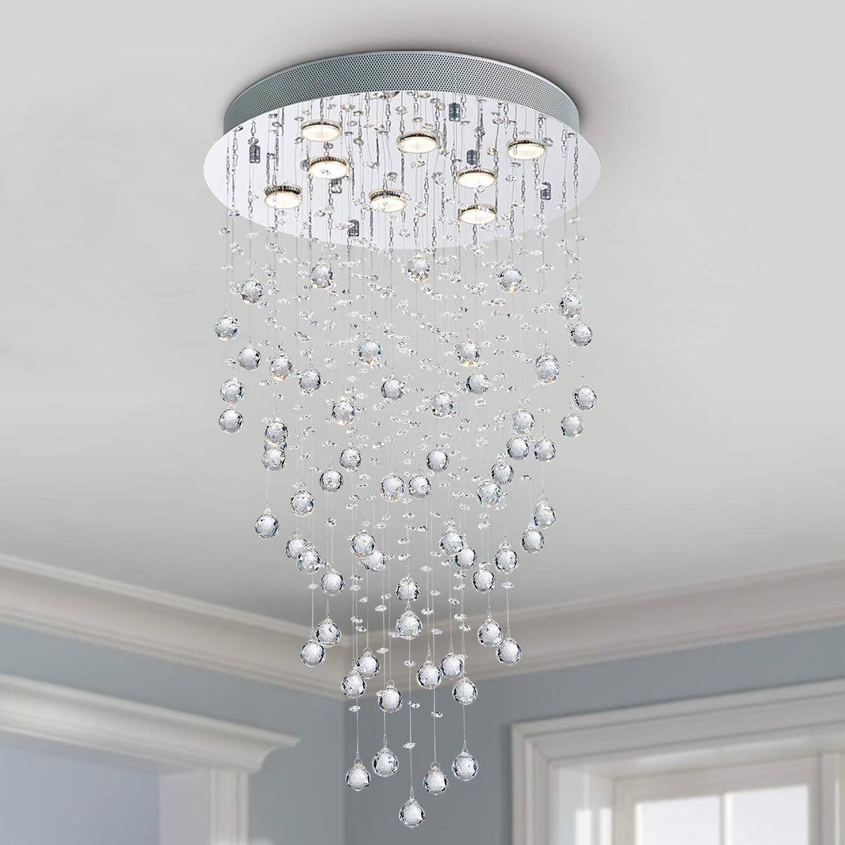 Bestier Crystal Raindrop Chandelier Flush Mount Light Fixture 20in Wide x 34in High Glass, Model AK-AJ-18129, 8 GU10 Bulbs Required