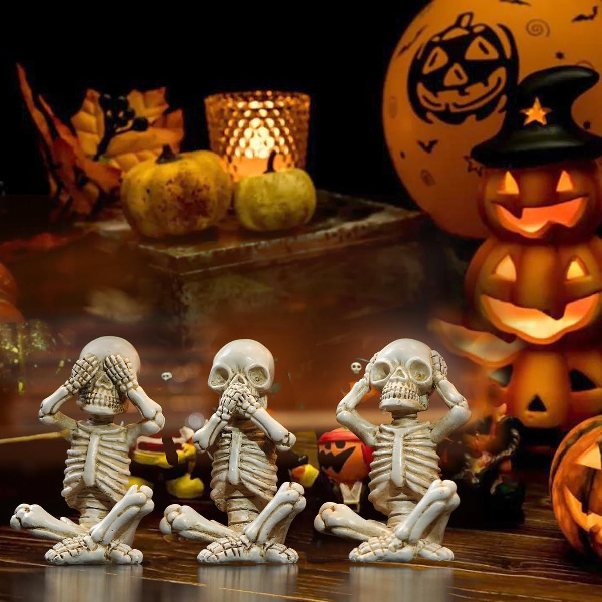 OwMell Set of 3 Skeletons Statue, Yoga Skull Figurine, Hear See Speak No Evil Statue Figurine, Halloween Gothic Home Decor - No Evil