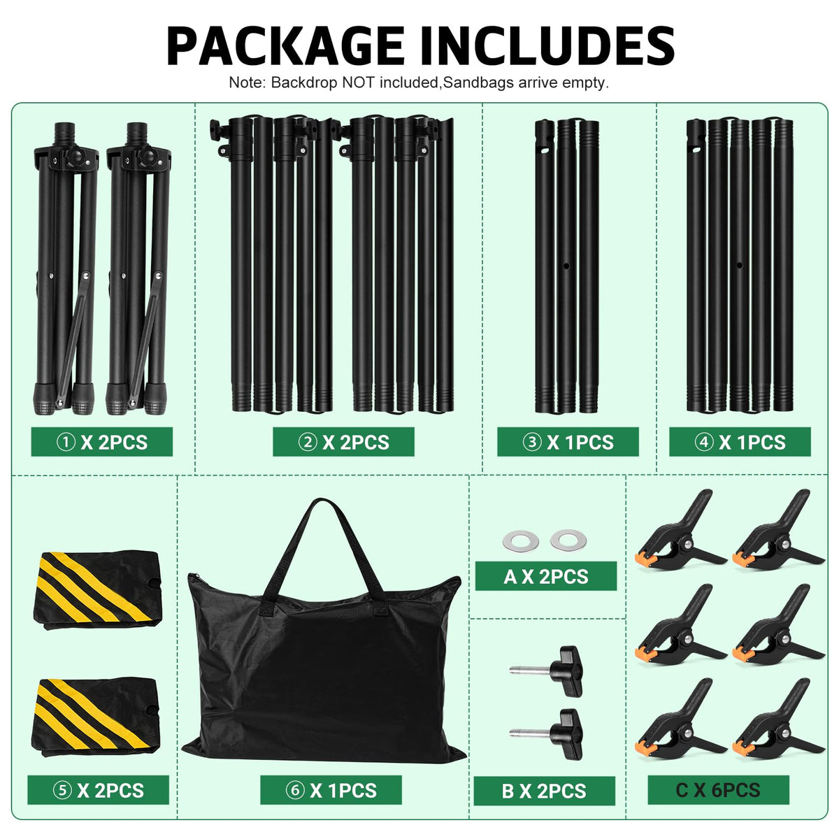 3-in-1 Adjustable Backdrop Stand 10 x 7.5 FT, Portable Photography Background Stand Kit with Carrying Bag, 6 Clamps & 2 Sandbags for Studio, Party, Video, Banner Display