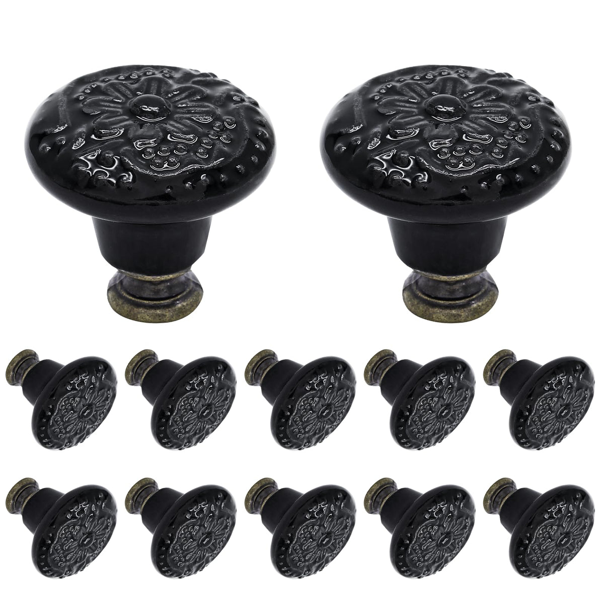 Biaungdo 12 Pcs Black Ceramic Vintage Round Drawer Knobs - Retro Ceramic Dresser Knobs and Pulls for Cabinet, Drawer, Cupboard